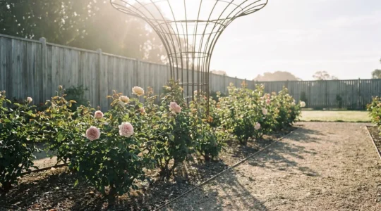Rose garden with open canopy showing airflow circulation to prevent powdery mildew
