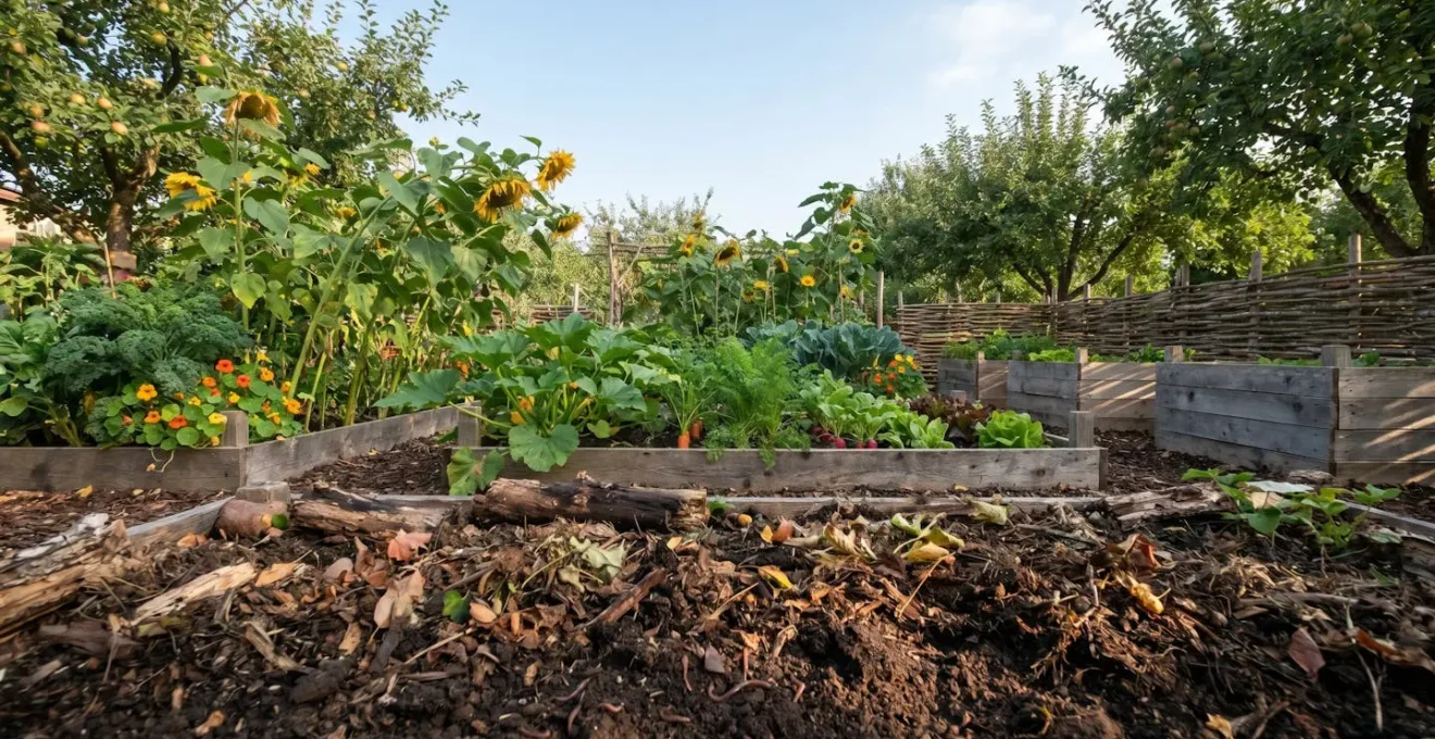 A thriving garden ecosystem showing natural soil regeneration through composting and plant diversity