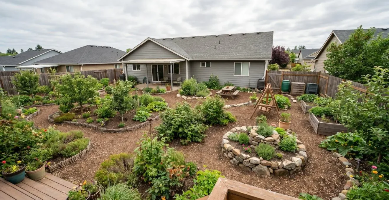 Suburban backyard transformed into productive permaculture garden with edible landscaping and family-friendly design