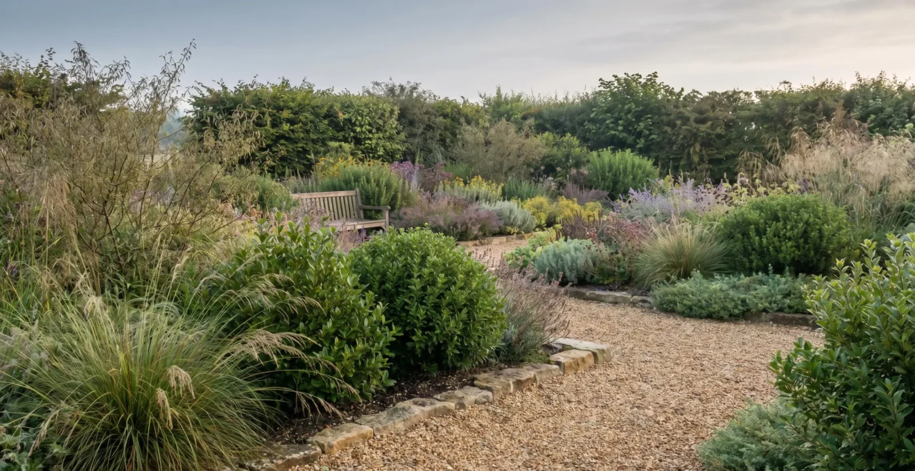 Diverse native plant garden showcasing sustainable softscape design with drought-resistant species and natural water conservation