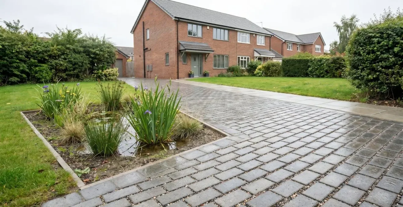 Modern UK residential driveway with permeable paving blocks and integrated rain garden, demonstrating sustainable drainage