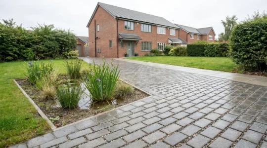 Modern UK residential driveway with permeable paving blocks and integrated rain garden, demonstrating sustainable drainage