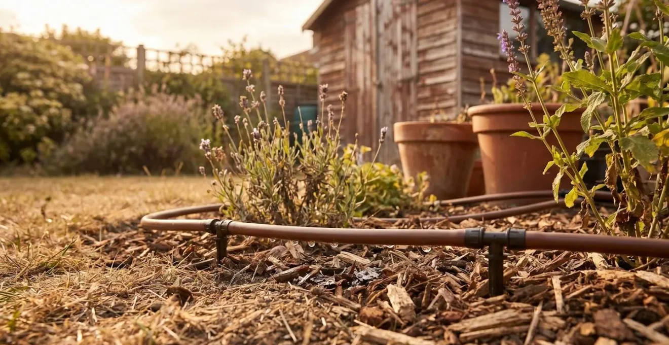 Close-up view of a drip irrigation system delivering water to plant roots in a UK garden during summer drought conditions