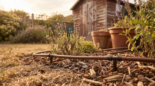 Close-up view of a drip irrigation system delivering water to plant roots in a UK garden during summer drought conditions
