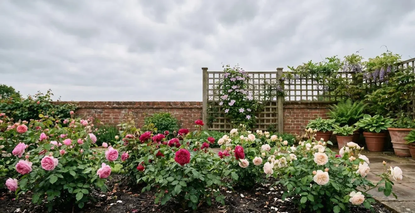 Healthy rose garden in damp UK climate with proper air circulation and disease-free foliage