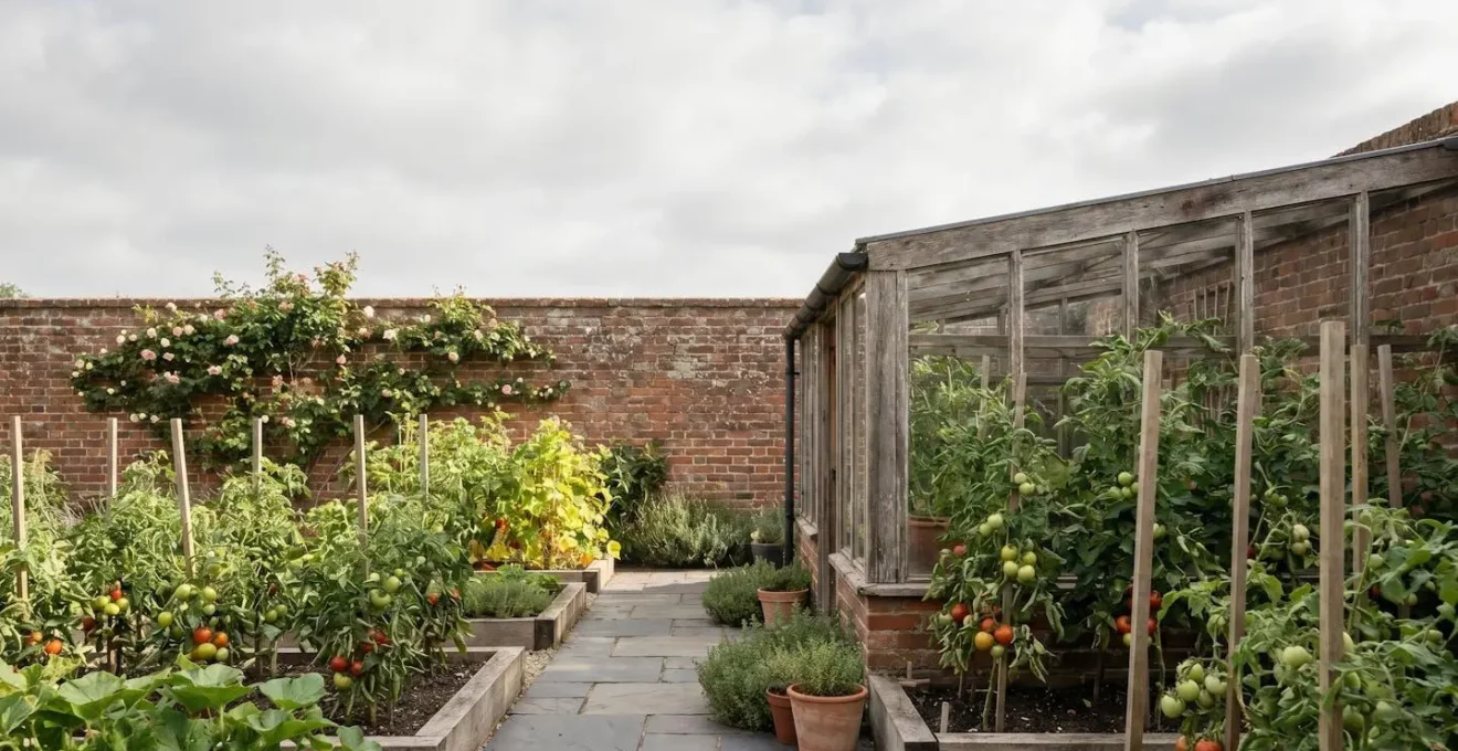 UK garden with tomato plants showing sunlight patterns and shadow mapping visualization during peak growing season