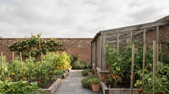 UK garden with tomato plants showing sunlight patterns and shadow mapping visualization during peak growing season