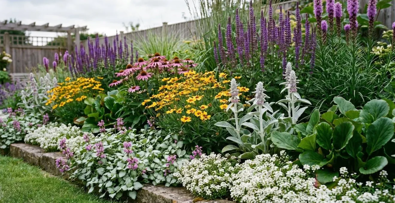 Colorful garden border showcasing contrasting plant heights and textures with purple and yellow blooms in natural afternoon light