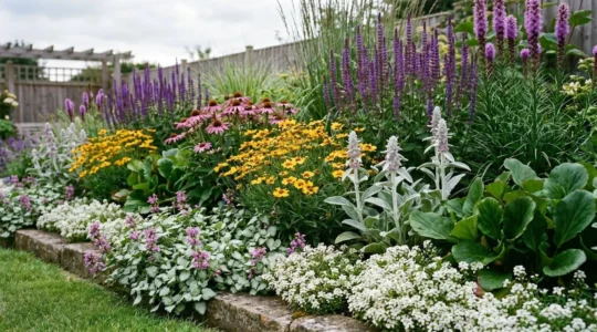 Colorful garden border showcasing contrasting plant heights and textures with purple and yellow blooms in natural afternoon light