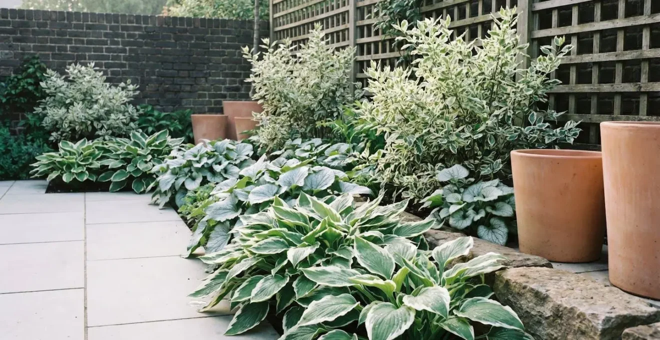 A lush north-facing shade garden featuring vibrant variegated plants with white and silver foliage creating luminous contrast against darker green backdrop