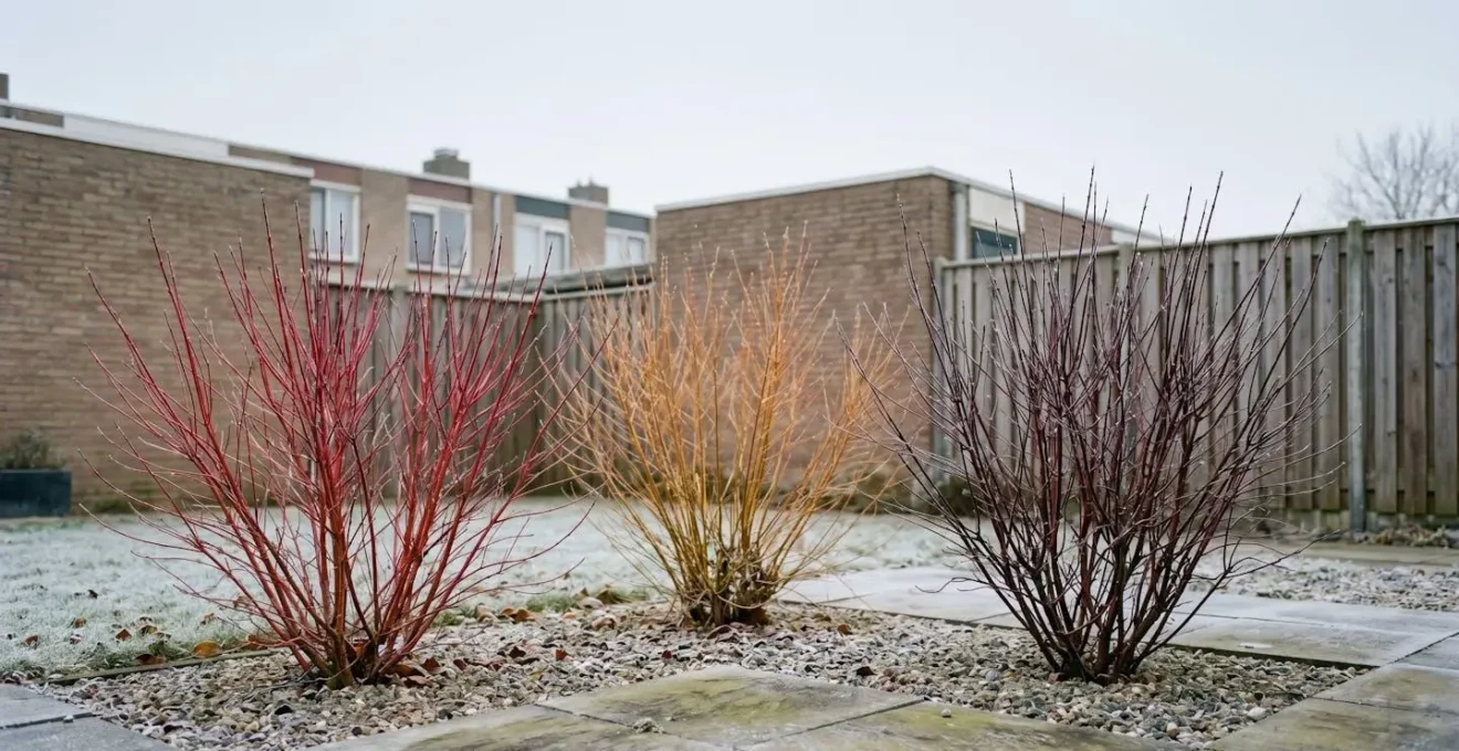 Deciduous shrubs with vibrant red and orange bark standing in an urban garden setting during winter