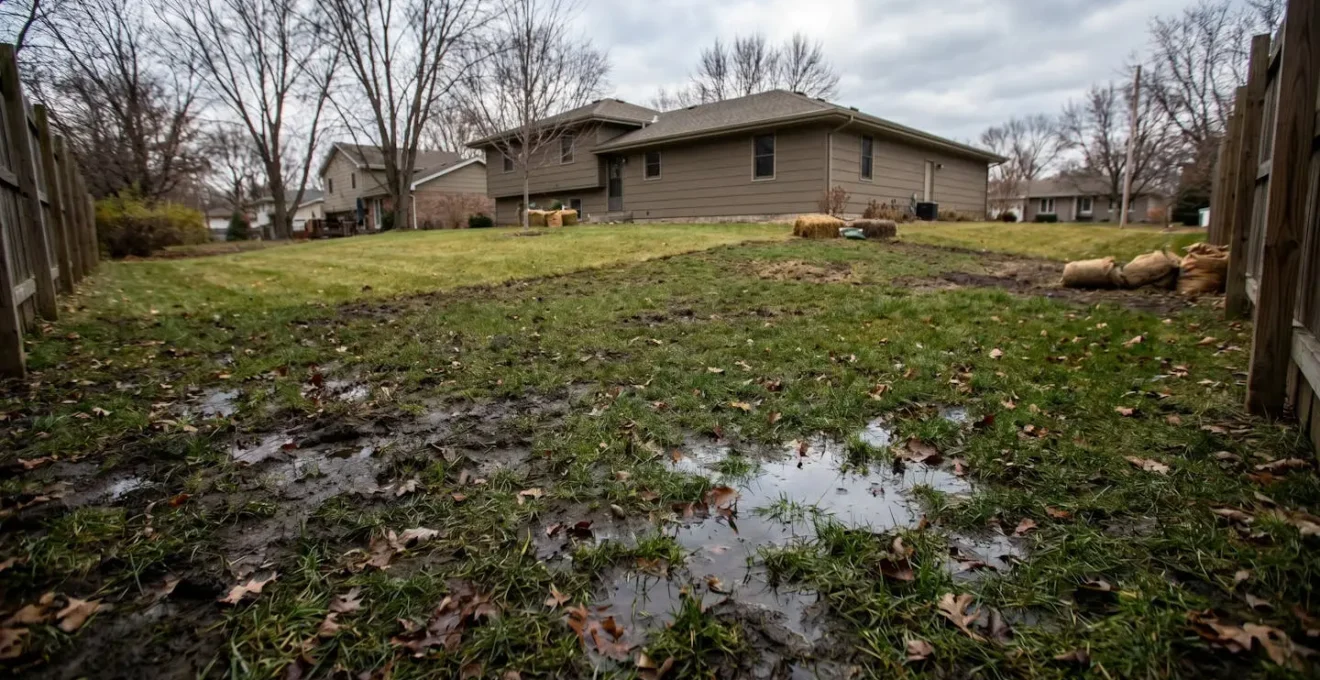 Wide view of a sloped residential lawn with visible water pooling showing drainage correction in winter season