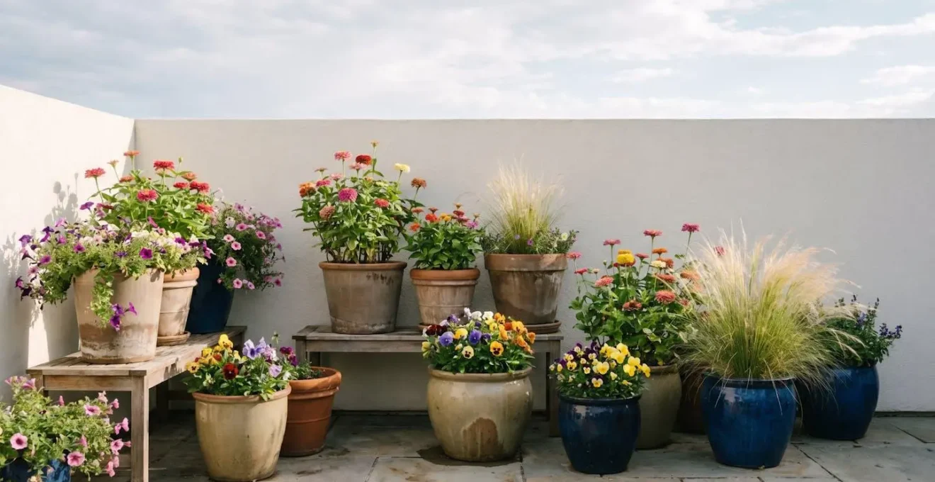 Small patio container garden with colorful annual flowers blooming across multiple seasons