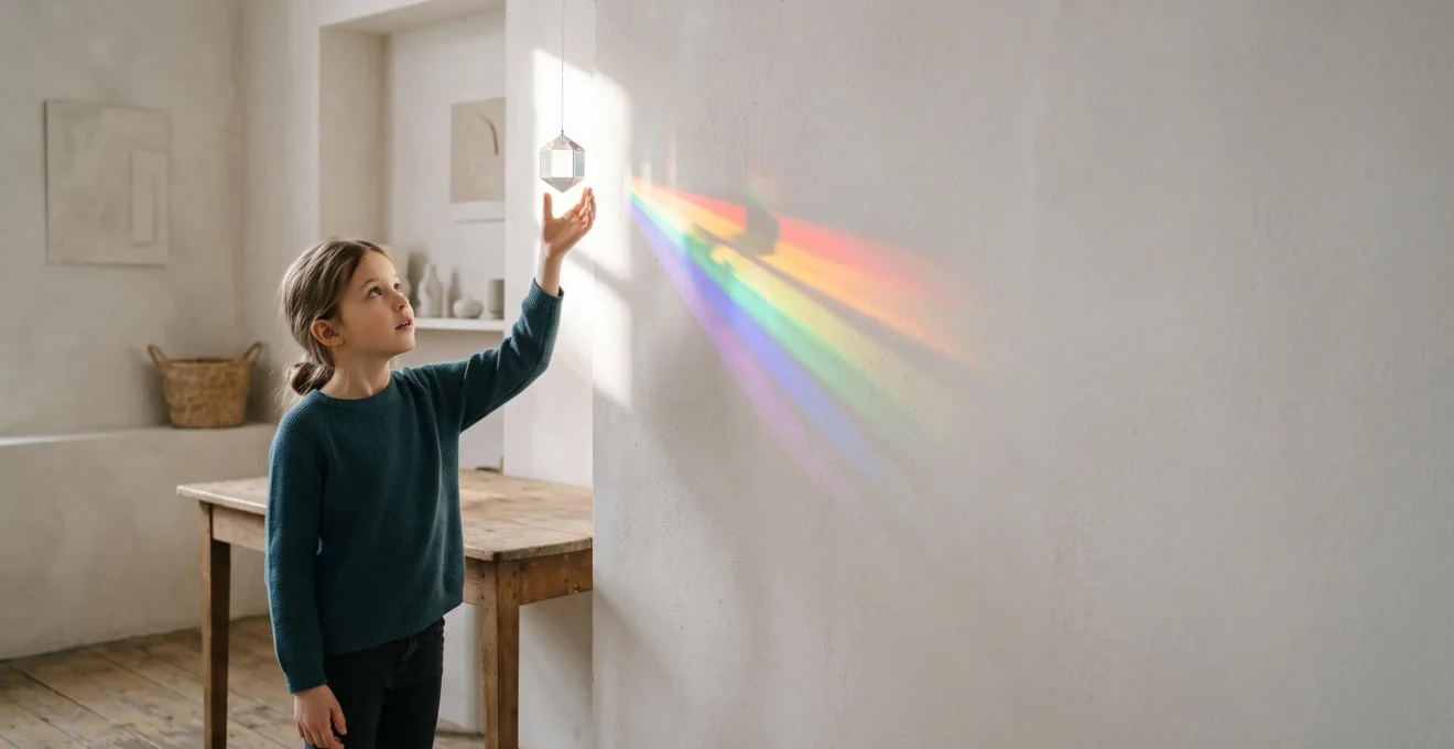 A child reaching toward a spectrum of colored light, symbolizing the many cognitive aptitudes beyond a single IQ score
