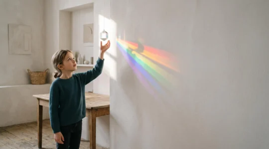 A child reaching toward a spectrum of colored light, symbolizing the many cognitive aptitudes beyond a single IQ score