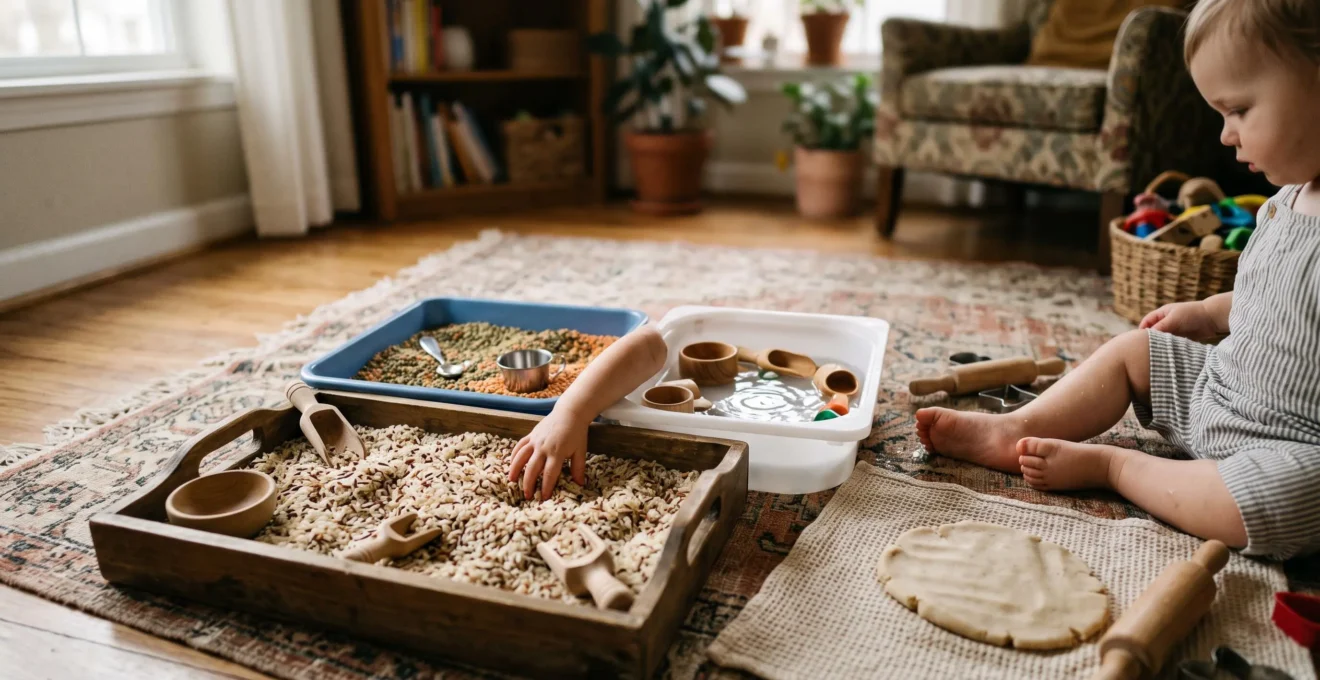 A cozy home corner set up as a low-cost sensory play station with natural materials in shallow trays, soft daylight, and negative space for text overlay