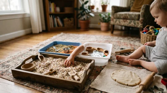 A cozy home corner set up as a low-cost sensory play station with natural materials in shallow trays, soft daylight, and negative space for text overlay
