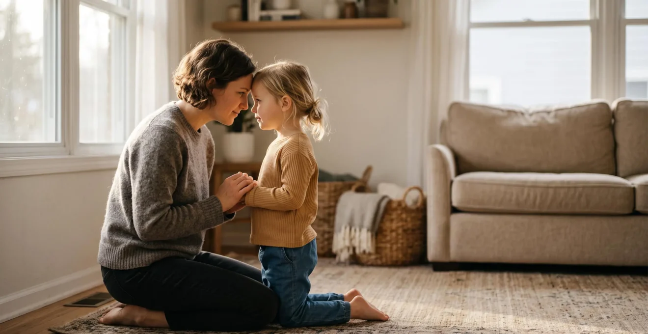 A parent and young child sharing a calm, reassuring moment at home, symbolizing patience and consistency in parenting.