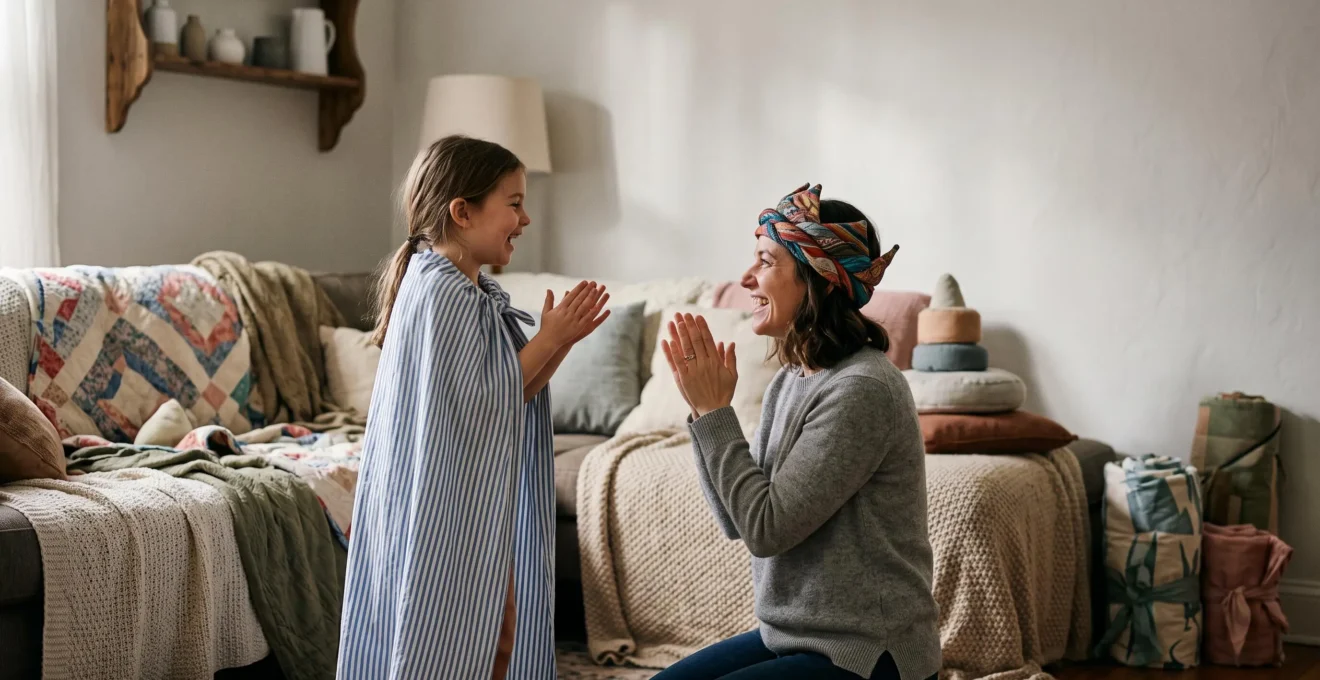 A child and a parent deeply immersed in an imaginative role-play scene, symbolizing empathy built through pretend play
