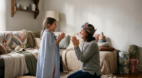 A child and a parent deeply immersed in an imaginative role-play scene, symbolizing empathy built through pretend play