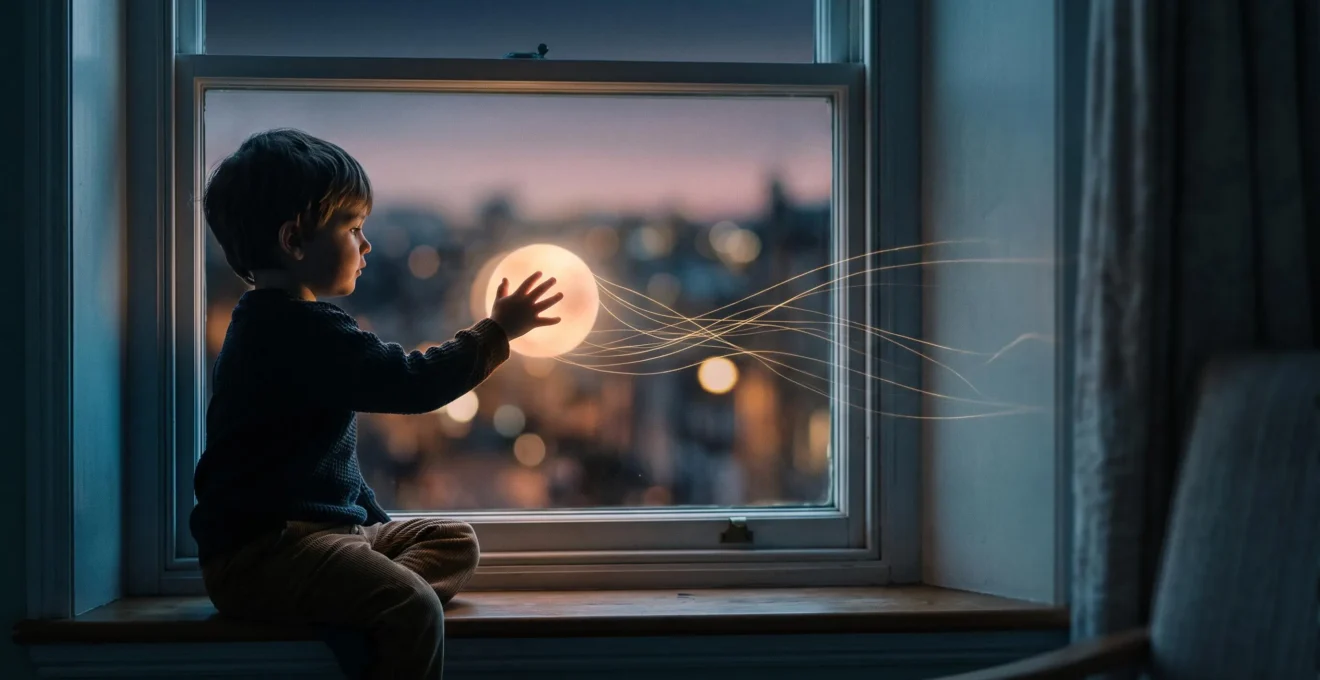 Symbolic editorial image of a child's silhouette with glowing threads of attention being gently pulled, representing persuasive app design