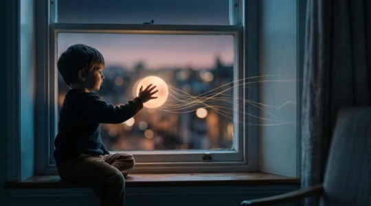Symbolic editorial image of a child's silhouette with glowing threads of attention being gently pulled, representing persuasive app design