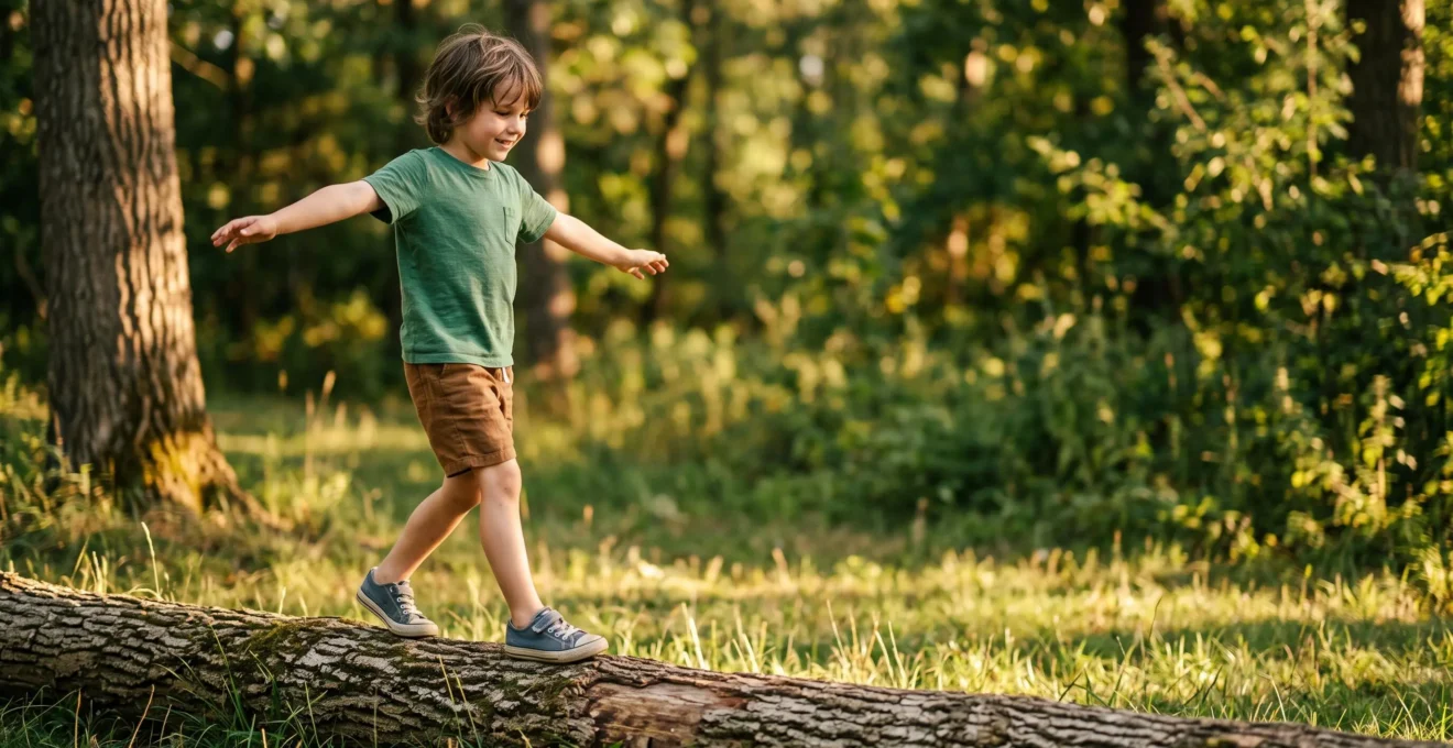 A child balancing confidently on a log outdoors, representing the foundation of physical literacy and lifelong movement skills.