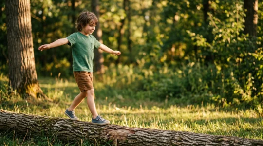 A child balancing confidently on a log outdoors, representing the foundation of physical literacy and lifelong movement skills.