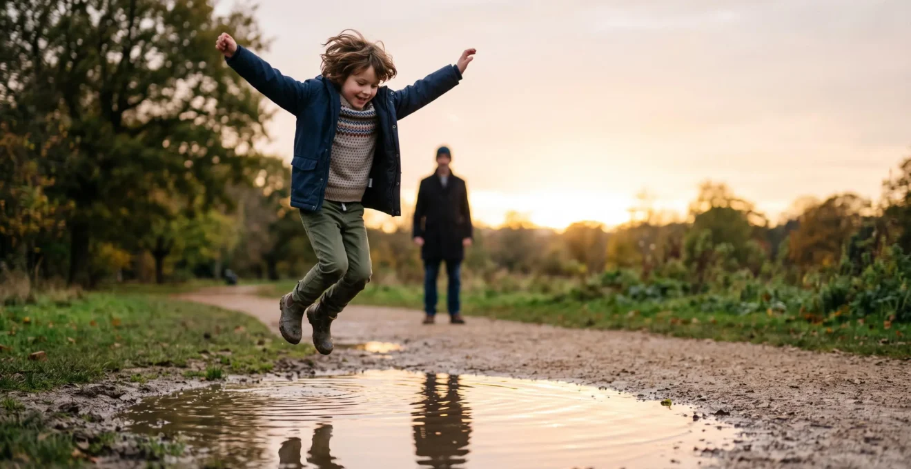 A child mid-leap over a puddle at golden hour, symbolizing bouncing back from a setback