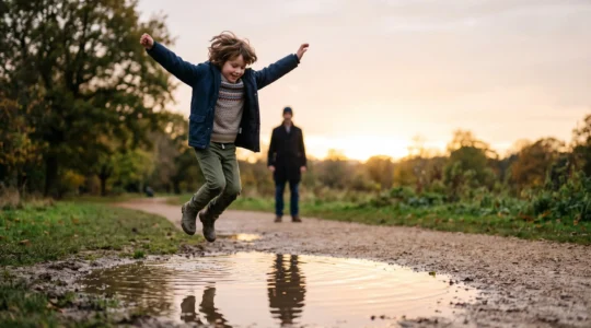 A child mid-leap over a puddle at golden hour, symbolizing bouncing back from a setback