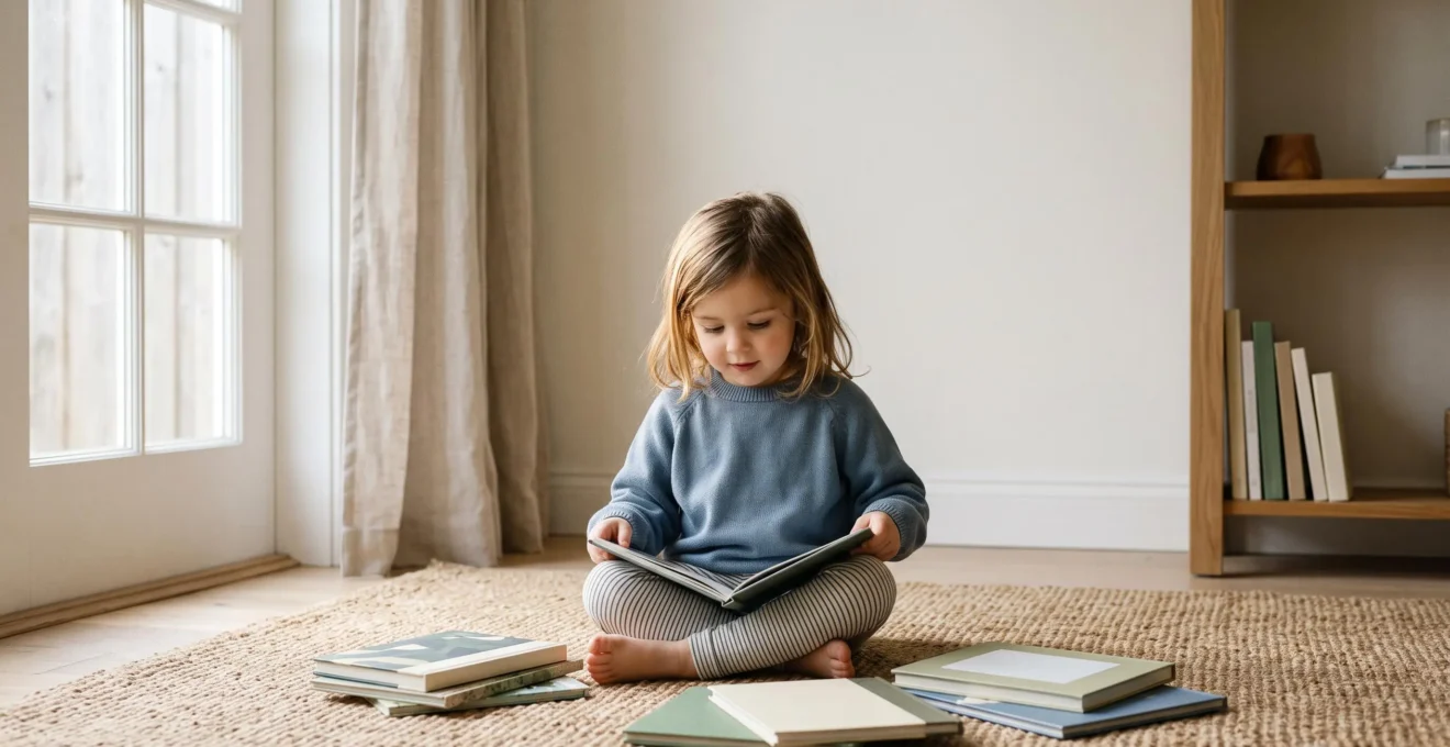 A young child sits in a cozy reading corner surrounded by soft light, symbolizing the gentle choice between formal phonics and playful pre-reading activities before starting school.
