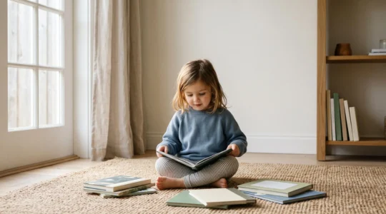 A young child sits in a cozy reading corner surrounded by soft light, symbolizing the gentle choice between formal phonics and playful pre-reading activities before starting school.