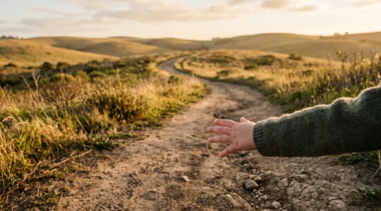 A child's hand reaching upward along a natural pathway, symbolizing gradual progress and effort over a fixed destination