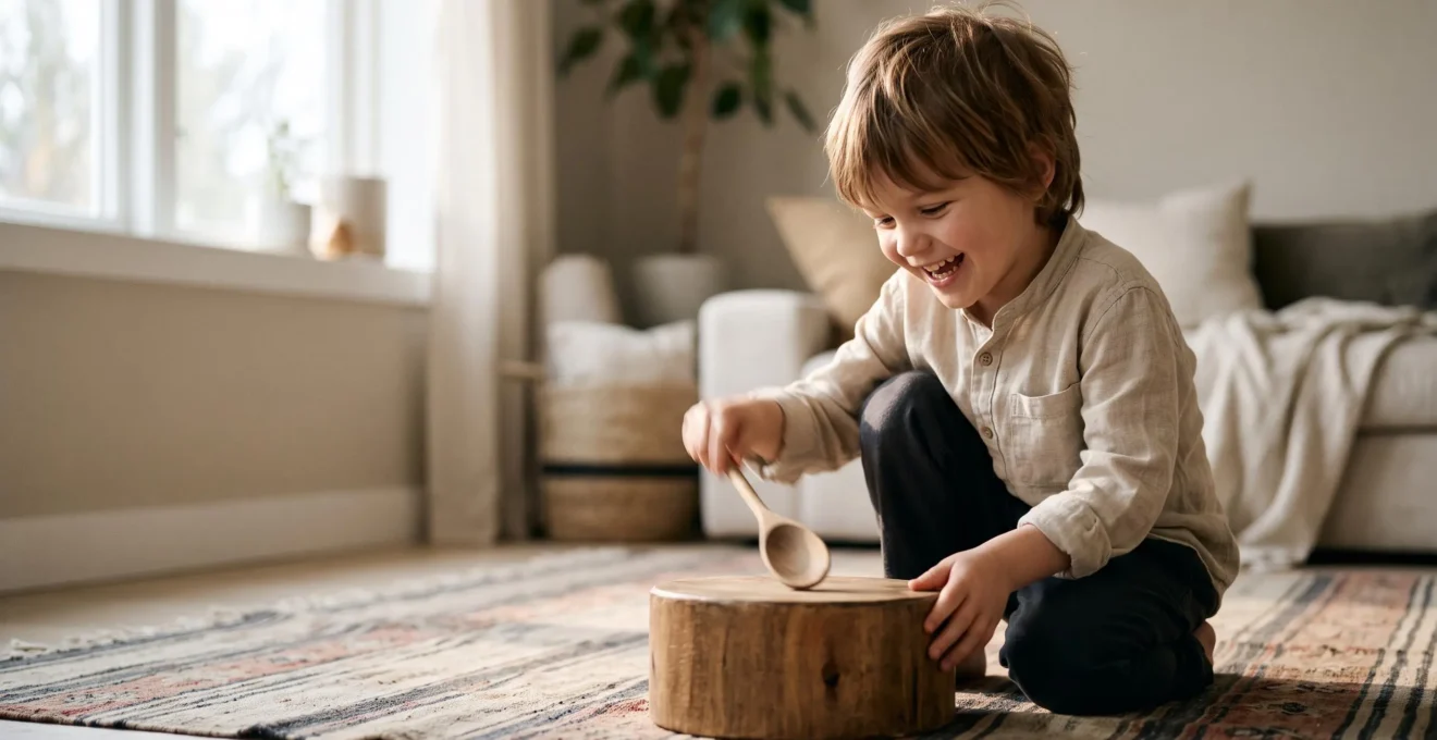 A child joyfully experimenting with rhythm and sound using simple household objects in a bright home setting