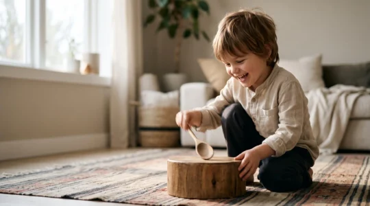A child joyfully experimenting with rhythm and sound using simple household objects in a bright home setting