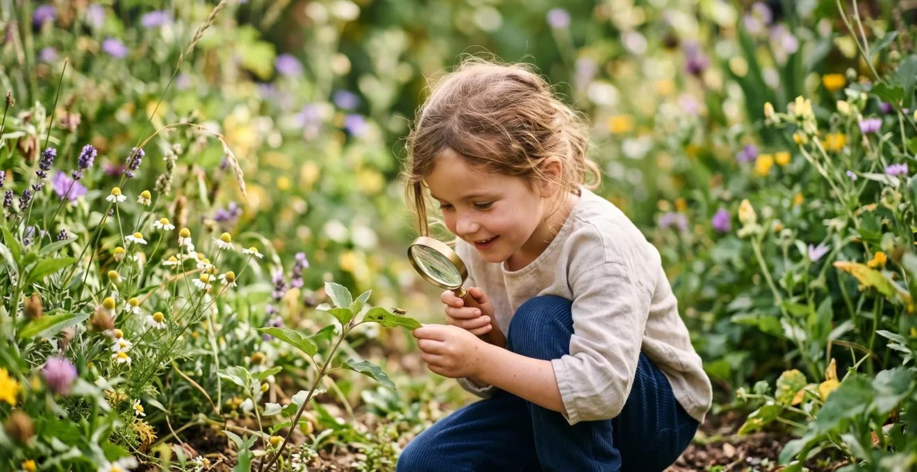 A child crouched in a garden closely observing an insect through a magnifying glass surrounded by plants