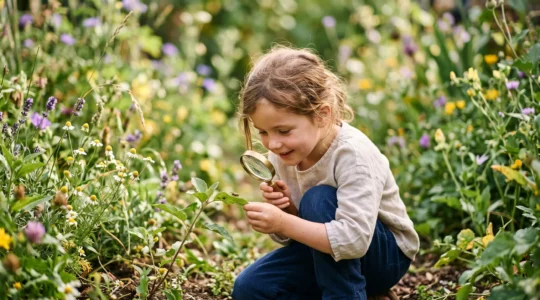 A child crouched in a garden closely observing an insect through a magnifying glass surrounded by plants