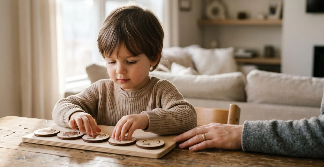 A young autistic child calmly pointing to a picture on a simple visual schedule during a home routine transition