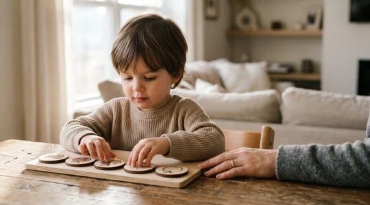A young autistic child calmly pointing to a picture on a simple visual schedule during a home routine transition