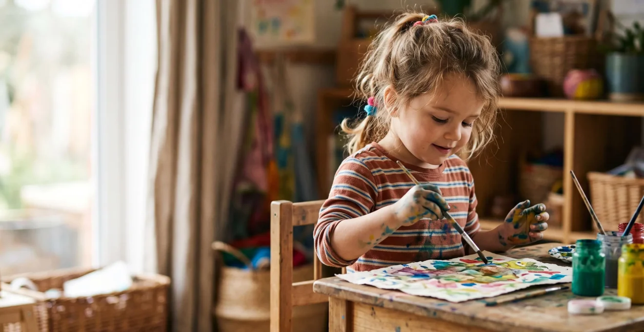 A young child deeply absorbed in painting, illustrating art as a cognitive and emotional tool for development