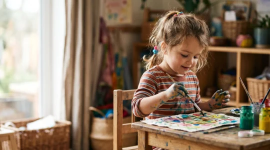 A young child deeply absorbed in painting, illustrating art as a cognitive and emotional tool for development