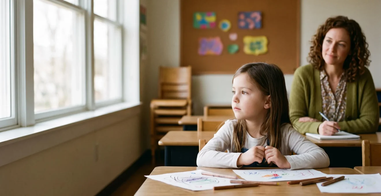 A primary-school-aged child gazing thoughtfully out of a classroom window while a supportive teacher observes gently nearby