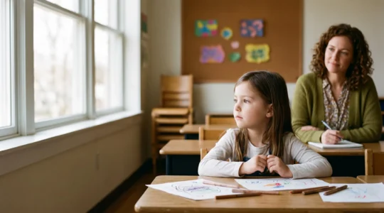 A primary-school-aged child gazing thoughtfully out of a classroom window while a supportive teacher observes gently nearby