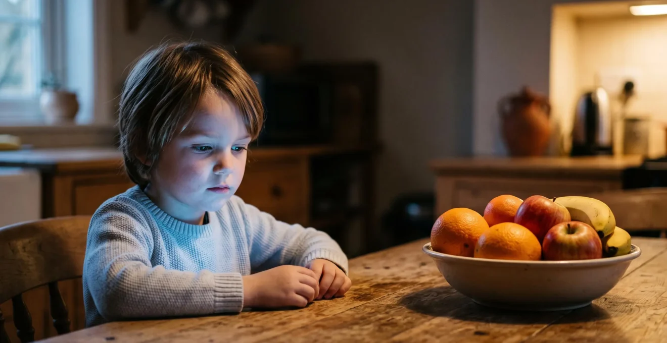 A child's face gently lit by a soft glowing light in a dark room, symbolizing the pull of digital stimulation on a developing brain