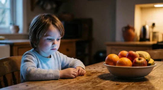 A child's face gently lit by a soft glowing light in a dark room, symbolizing the pull of digital stimulation on a developing brain