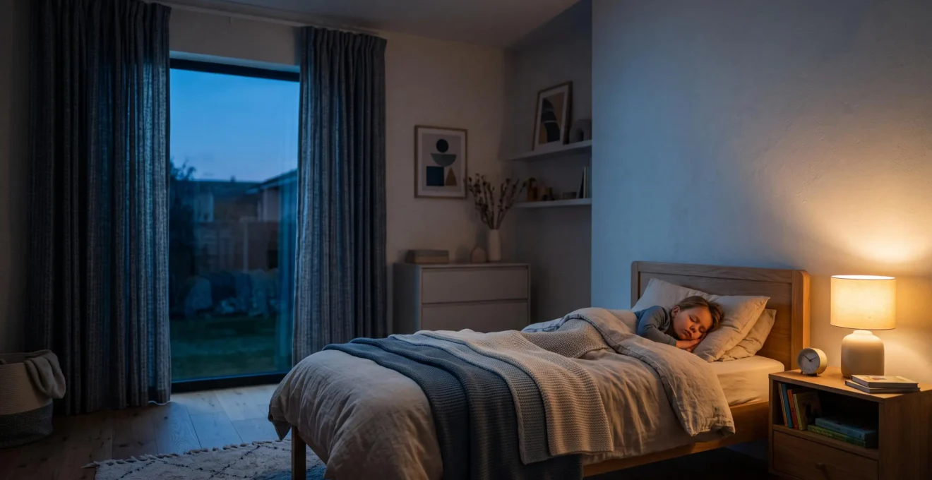 A young child sleeping peacefully in a softly lit, calm bedroom environment designed for optimal biological rest