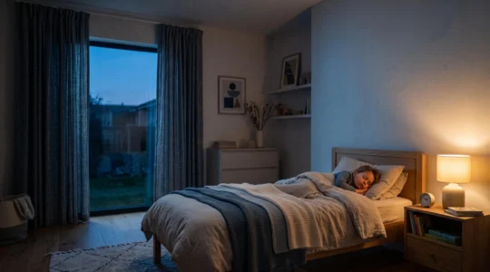 A young child sleeping peacefully in a softly lit, calm bedroom environment designed for optimal biological rest