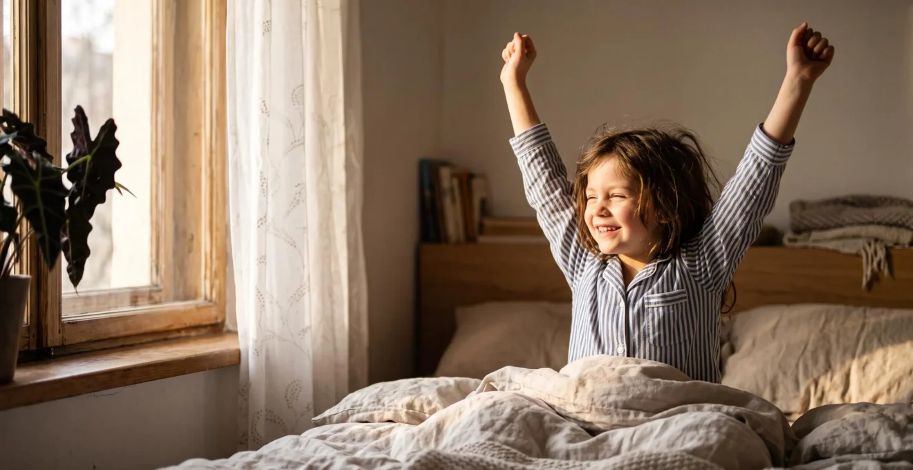 A child stretching and waking up peacefully as warm morning sunlight fills the bedroom, symbolizing a reset circadian rhythm
