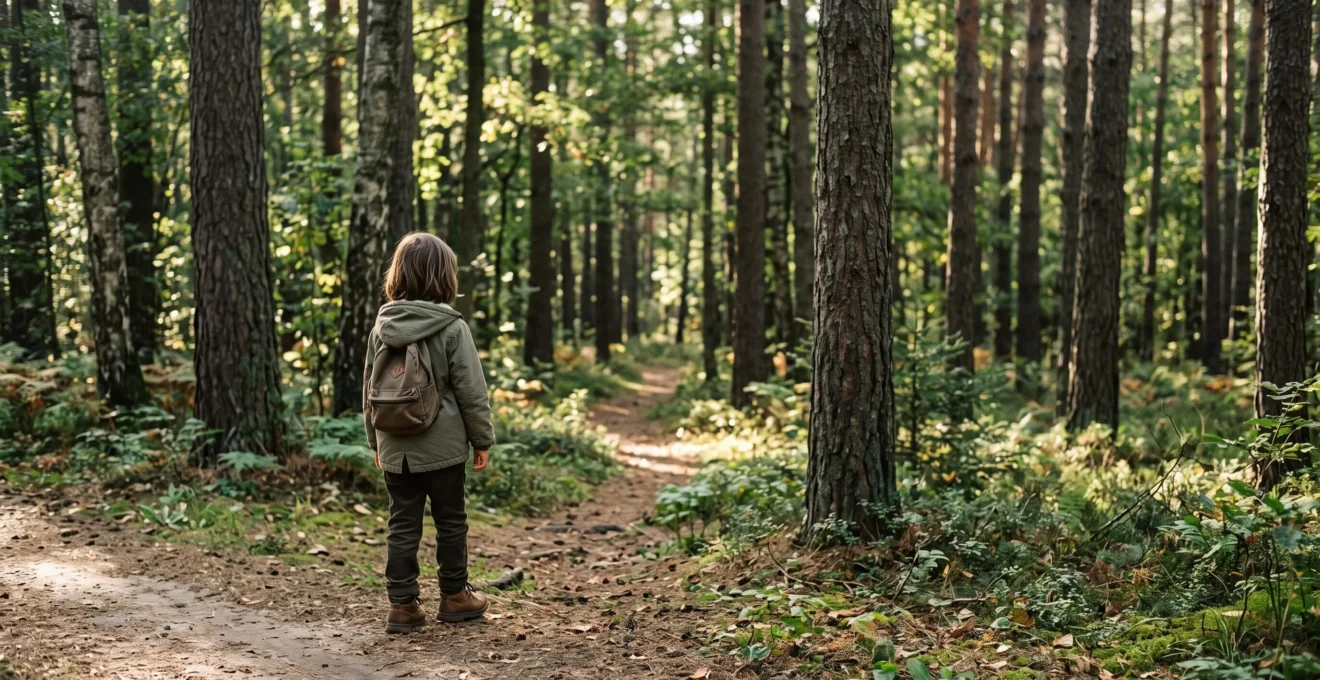 A child stepping off a well-trodden path into their own trail through a forest of uniform trees, symbolizing individuality within family life