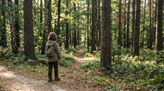 A child stepping off a well-trodden path into their own trail through a forest of uniform trees, symbolizing individuality within family life